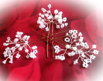 Wedding hair pins, bun clips, babys breath, gypsophila, bridal hair, bridesmaid, Prom, holy communion, set of 3 / 5 /10/12 ivory wire