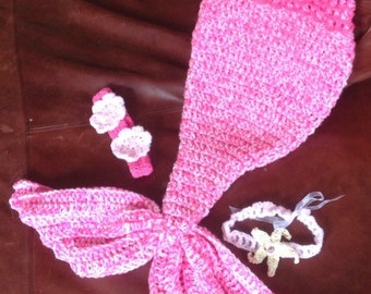 Pink Crochet Baby Mermaid set, newborn to 12 months