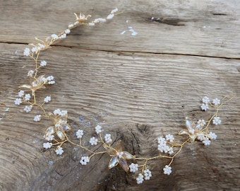 Fermaglio per capelli da sposa con fiori dorati / Gypsophila