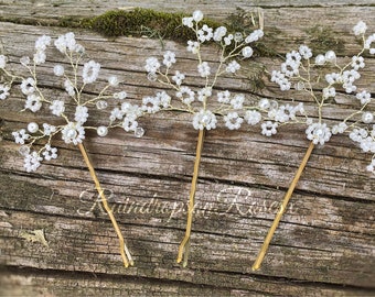 Wedding bobby pins, bun clips, babys breath, gypsophila, bridal hair accessory flower girl, Prom, holy communion,blonde hair, gold wire