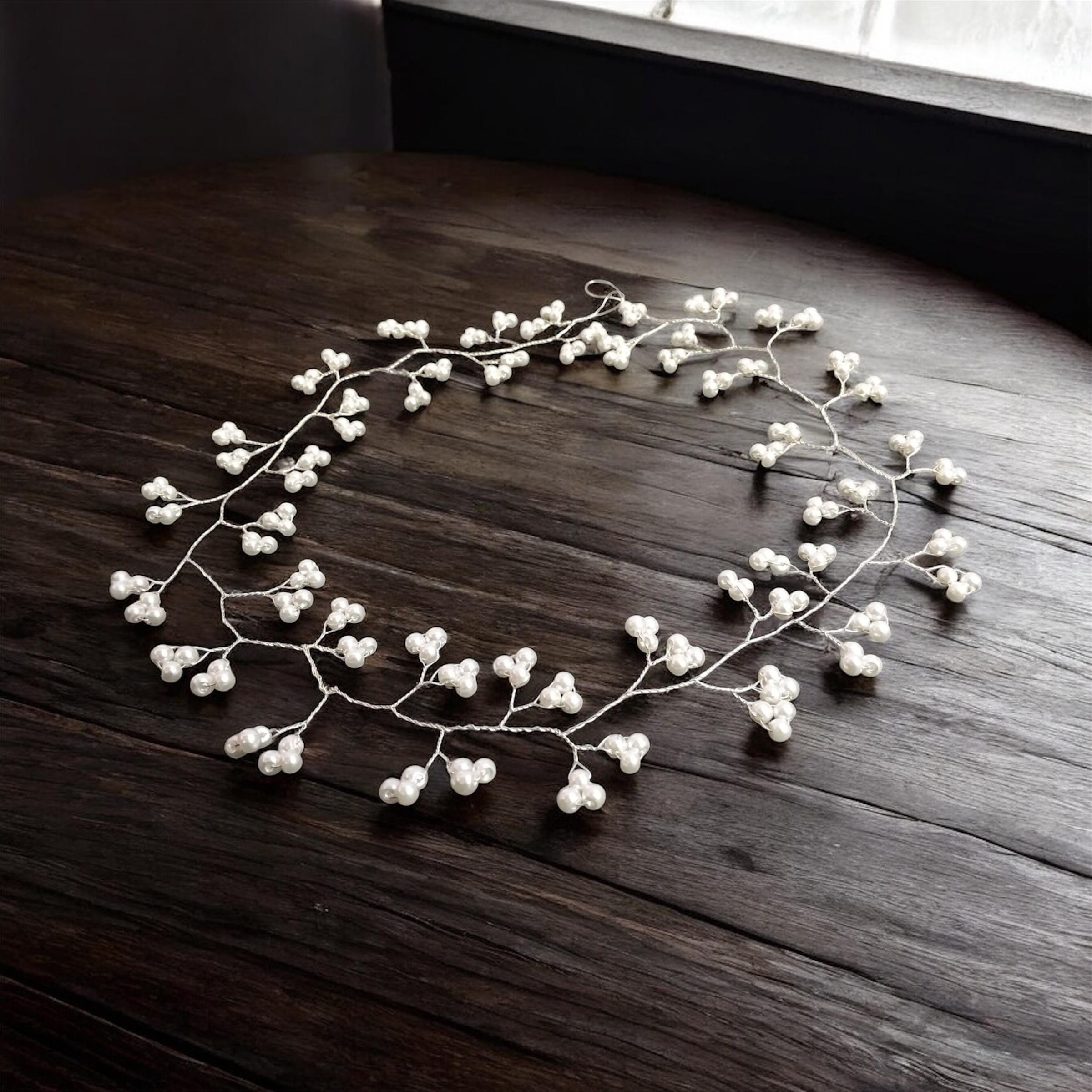 Handmade Wire Woven Bridal Hair Vine with Pearl Clusters Bridal beaded hair vine, Pearldrop halo, Delicate beaded  main image 2