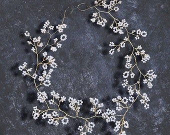 White Gypsophila Wedding Gold Hair Vine| Bridal Hair Accessory Vine | Long Pearl Wedding Hair Vine Beads Vine|  Boho Hair Piece | Celtic