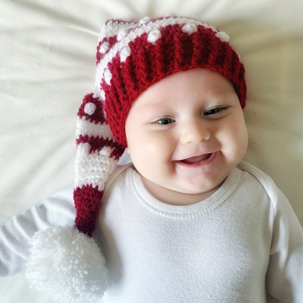 Baby Christmas crochet bobble hat, photo prop, elf cap, babies first Christmas gift, Santa pixie hat