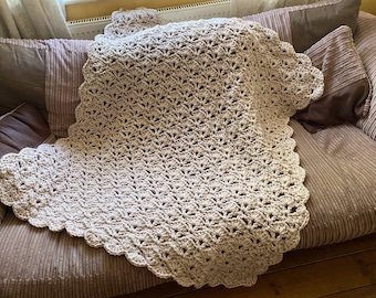 Chunky Handmade Crochet Blanket, Cosy Sofa throw, Beige knitted afghan, Xmas christmas gift, Beige comforter