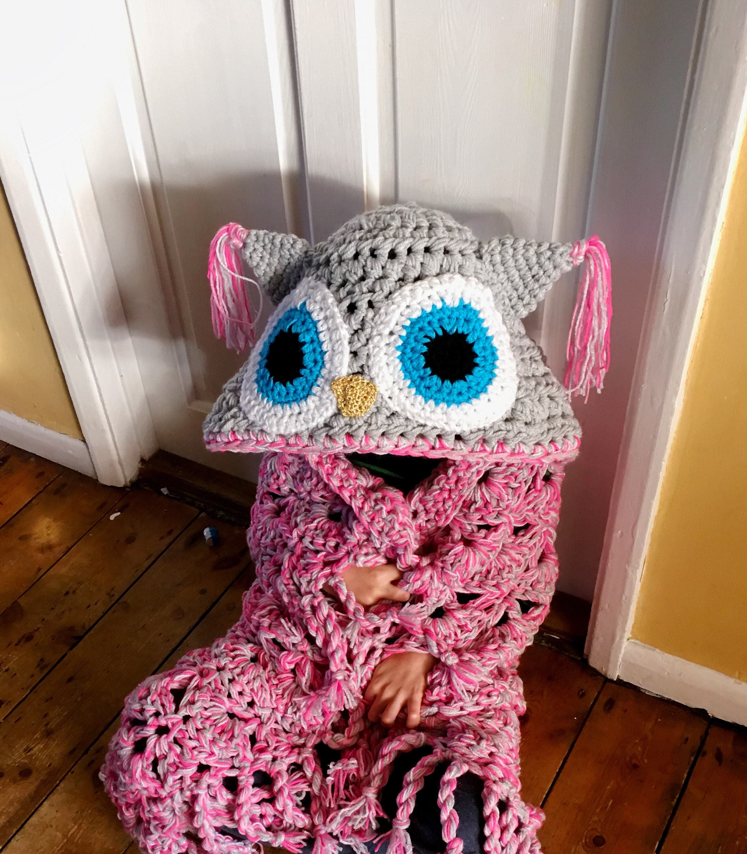 Pink Crochet Owl Blanket &ndash; Hooded Snuggle Sack, Handmade UK