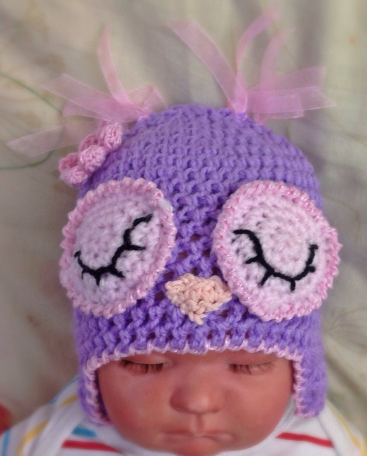 Hand Crocheted Baby Owl Hat, Purple & Pink, Newborn Photo Prop