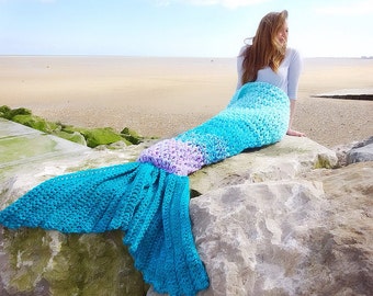 Crochet Mermaid Tail Blanket Chunky Cosy Snuggle Sack in Baby Child Adult sizes valentines Xmas Birthday gift for her him Handmade in UK