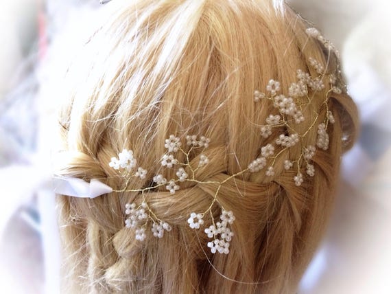 White Gypsophila Wedding Gold Hair Vine Bridal Hair Vine Etsy
