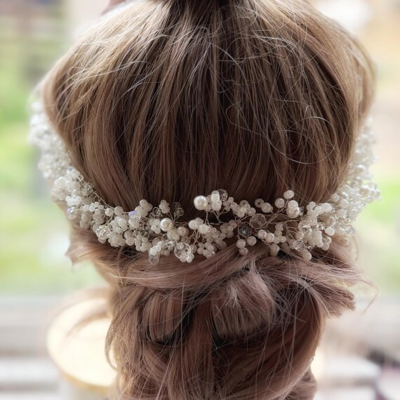 Bridal Pearl Hair Vine, Silver Wire Flower Crown, Rustic  display picture 1