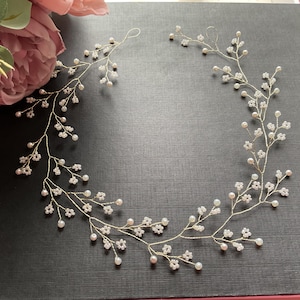 Bridal Gold Hair Vine , Pearl Flower Head Piece, Bridal Hair Accessory , Wedding Headpiece, minimalist dainty rustic half up do hairstyle,