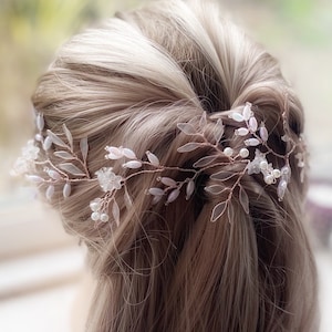 Rose Gold Wedding Leaf hair vine, Brides Crown, Floral Pearl Bridal Hair Accessories, Bridesmaid laurel leaf circlet, Rustic Boho botanical