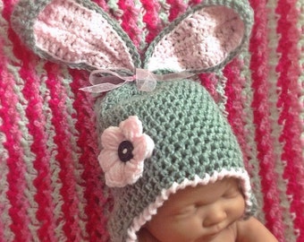 Baby’s floppy ear Bunny Hat, Crochet flower, baby girls photo prop, New baby gift, Birthday hat, halloween, uk