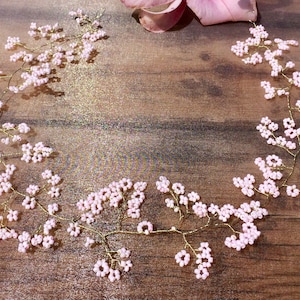 Wedding Pink Gold Hair vine Cherry Blossom, Gypsophila baby’s Breath Tiara, Floral Bridesmaids Crown, Boho rustic woodland forest wedding