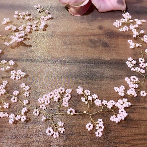 Boda Pink Gold Hair vine Cherry Blossom, Gypsophila baby's Breath Tiara, Floral Bridesmaids Crown, Boho rústico bosque bosque boda