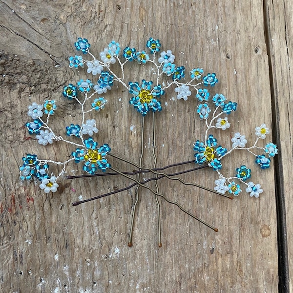 Forget-me-not hairpin, wedding bridal hair accessory, bridesmaid flower girl hair pin, bun pins, remembrance gift, funeral