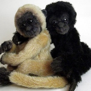 以下が含まれることがあります： 黒い毛皮と薄い茶色の毛皮の2つのぬいぐるみのおさるさんの玩具が並んで座っています。