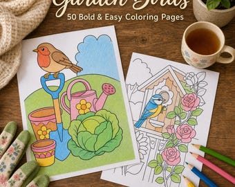 May include: Two coloring pages titled Garden Birds 50 Bold & Easy Coloring Pages. One page shows a bird on a shovel, a watering can, pots, and a cabbage. The other shows a bird on a birdhouse with roses. Includes colored pencils and floral gloves.