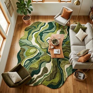 Organic Shape Green Moss Rug, Hand Tufted Abstract Wavy Wool Carpet, High Low Pile Accent Rug for Modern Living Room & Bedroom Decor