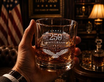 Vaso de whisky del 250 aniversario, regalo conmemorativo personalizado de EE. UU., vaso con escudo de águila, regalo patriótico para papá (1776-2026)