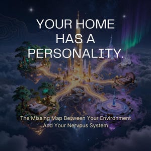May include: A digital illustration featuring floating islands connected by glowing paths, centered around a tall golden tower. Text reads: YOUR HOME HAS A PERSONALITY. The Missing Map Between Your Environment And Your Nervous System.