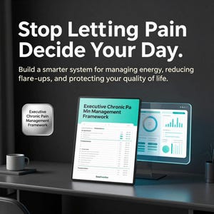 May include: A digital display showing the Executive Chronic Pain Management Framework with charts and data tables. The text reads: Stop Letting Pain Decide Your Day. Build a smarter system for managing energy, reducing flare-ups, and protecting your quality of life.