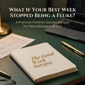 May include: A white notebook with the gold text 'The Good Week Autopsy' on the cover. Above it, the text reads 'What If Your Best Week Stopped Being A Fluke? A Premium Forensic Success Autopsy For Neurodivergent Brains' next to a laptop and pen.