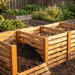 Pode incluir: Um contentor de compostagem de madeira com três secções, construído com ripas horizontais. A estrutura apresenta um design frontal aberto com uma ripa inferior removível na primeira secção, revelando terra escura no interior.