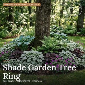 Puede incluir: Una guía PDF imprimible para un jardín de sombra alrededor de un árbol, con lista de plantas y guía de zonas. La imagen muestra un árbol rodeado de hostas verdes, helechos y flores moradas. El texto incluye "Shade Garden Tree Ring".