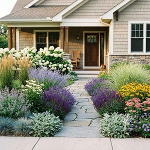 May include: A house with beige siding and a stone foundation features a flagstone walkway leading to a wooden front door. The front yard is landscaped with a variety of plants including white hydrangeas, purple salvia, yellow coneflowers, and grasses.