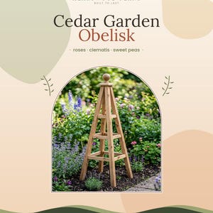 Planos para obelisco de jardín: enrejado de cedro para rosas y clemátides (hágalo usted mismo), plano de carpintería en PDF, lista de cortes + pulgadas + centímetros, descarga instantánea.