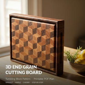 May include: A rectangular wooden cutting board featuring a 3D tumbling block pattern made from walnut, maple, and cherry wood. The board has a dark walnut frame with integrated side handles and text that reads 3D END GRAIN CUTTING BOARD.
