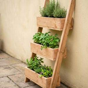May include: A three-tiered wooden ladder planter featuring rectangular boxes arranged vertically. Each level contains green herbs, including rosemary, basil, and parsley, planted in soil. The structure is made of light brown wood with a visible grain.