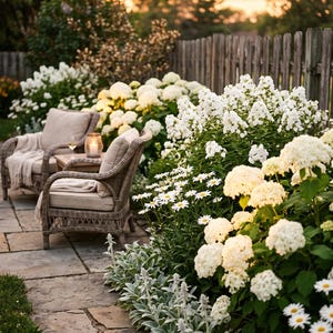 Peut inclure: Deux fauteuils en osier avec des coussins beiges et des couvertures drapées sont posés sur une terrasse en pierre. Une petite table en bois porte un verre de vin et une bougie allumée. La terrasse est entourée d'hortensias blancs et de marguerites.