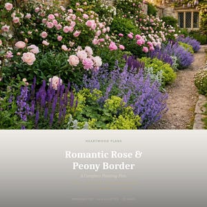 Könnte beinhalten: Ein digitales Dokument mit dem Titel Heartwood Plans Romantic Rose & Peony Border A Complete Planting Plan. Das Titelbild zeigt einen Gartenweg mit rosa Rosen, Pfingstrosen, violettem Salbei und grünem Laub vor einer Steinmauer und einem Haus.