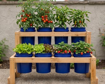 Emmerplanterplannen pdf | DIY verticale 2-laagse tuinstandaard | Biedt ruimte aan 8 emmers van 5 gallon met snijlijst | Directe download voor beginners