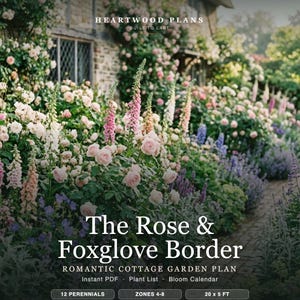 May include: A digital garden plan titled The Rose & Foxglove Border by Heartwood Plans. The image shows a lush garden with pink roses, tall foxgloves, and purple flowers. Text includes Instant PDF, Plant List, Bloom Calendar, 12 Perennials, Zones 4-8, and 20 x 5 ft.