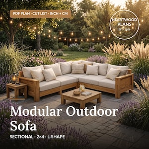 May include: A modular L-shaped outdoor sofa made of wood with beige cushions, a matching square coffee table, and a small side table. The text reads: PDF PLAN - CUT LIST - INCH + CM, HEARTWOOD PLANS EST 2026, and Modular Outdoor Sofa SECTIONAL 2x4 L-SHAPE.