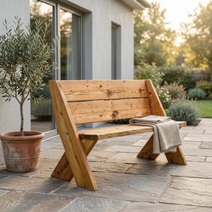May include: A natural wood bench featuring a slatted backrest and a flat seat with X-shaped side supports. A folded beige fabric throw blanket rests on the seat of the bench, which displays visible wood grain and knots throughout its structure.