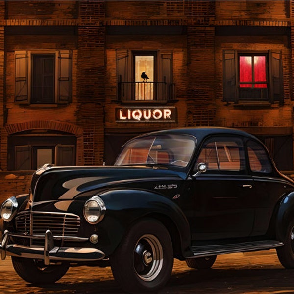Classic Vintage Ford Coupe Automobile Dive Bar Tavern Saloon Liquor Dark Urban City Hotel Crow Raven Mysterious Gritty Art Print