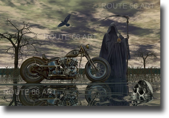 Harley Davidson Shovelhead Grim Reaper Skull Art Print