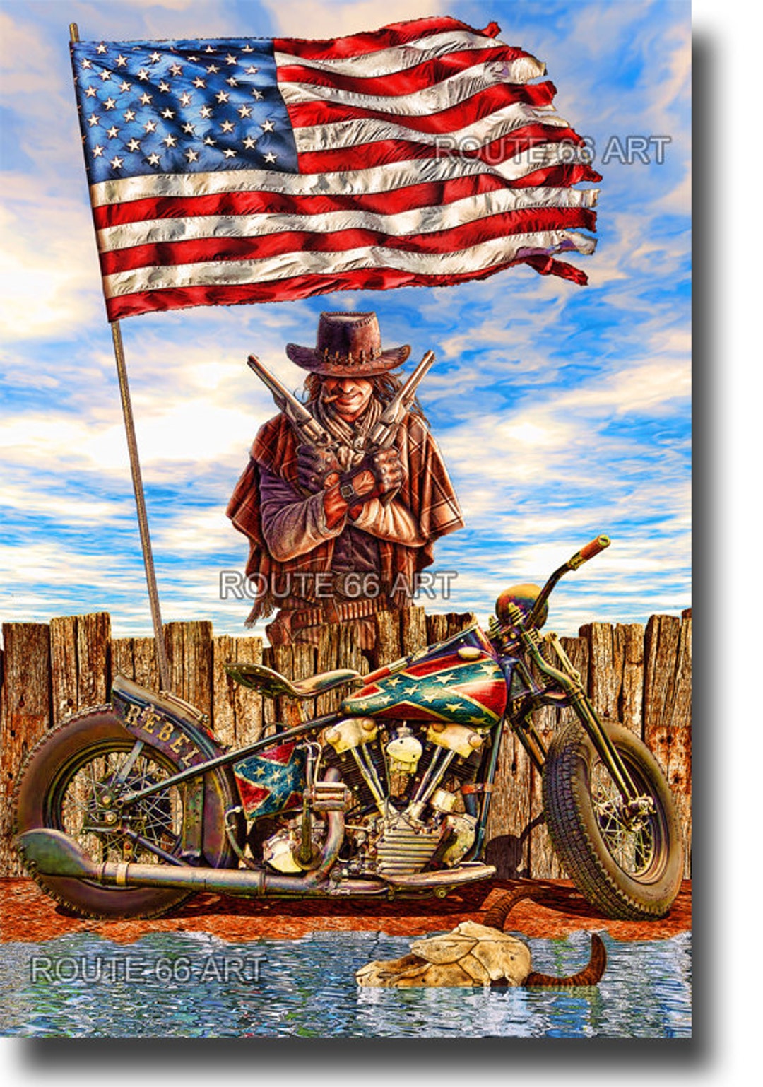 Harley Davidson Knucklehead Colt Gun American Flag Motorcycle