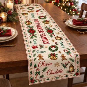 May include: A cream-colored table runner featuring a repeating Christmas pattern of poinsettias, wreaths, gingerbread men, candy canes, and lanterns. The text THE PARKER FAMILY is printed in red, surrounded by the names Liam, Henry, Grace, Olivia, and Charlotte.