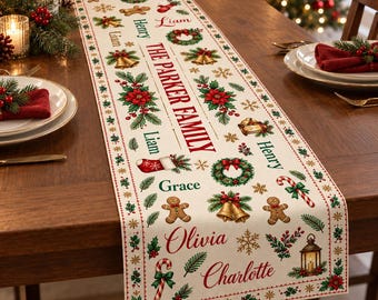 Custom Family Name Christmas Table Runner, Personalized Holiday Dining Decor