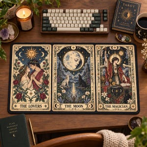 Könnte beinhalten: Eine rechteckige Schreibtischunterlage mit drei Tarotkarten-Illustrationen: Die Liebenden, Der Mond und Der Magier. Das Design zeigt himmlische Motive, florale Bordüren und mystische Figuren in einer Farbpalette aus Creme, Gold und Dunkelblau.