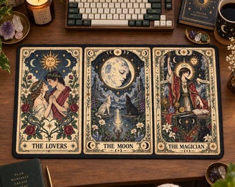 Personalized Tarot Desk Mat, Choose 3 Cards, Custom Text, Witchy Celestial Decor