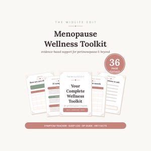 May include: A 36-page Menopause Wellness Toolkit with a cream background, featuring dark brown text and muted rose and sage green accents. The document includes sections for a symptom tracker, sleep log, GP guide, and HRT facts for perimenopause.