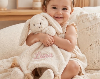 Personlig Baby Lovey Filt Anpassat Namn Kanin Säkerhetsfilt Plyschleksak Nyfödd Täcke Babyshower Gåva Broderad Säkerhetsfilt