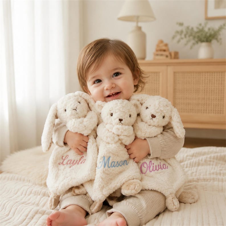 May include: Three cream-colored plush security blankets featuring stuffed animal heads, including a rabbit and a bear. Each blanket is embroidered with a name in cursive script: Layla in pink, Mason in blue, and Olivia in purple thread.