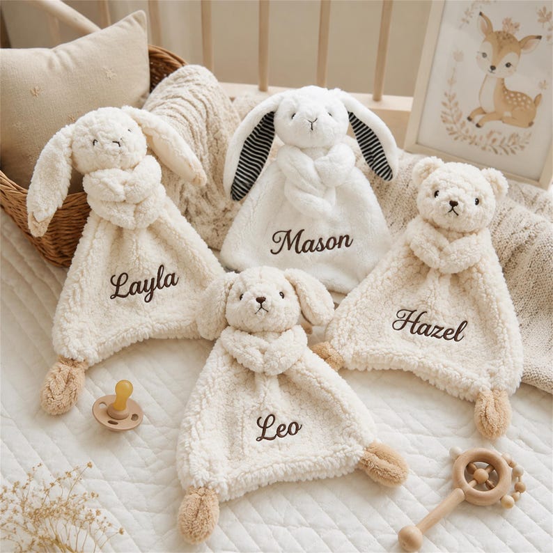 May include: Four cream-colored plush security blankets featuring animal heads and embroidered names. The blankets are labeled Layla, Mason, Hazel, and Leo. Each soft, textured blanket includes a stuffed animal top and small paws at the corners.