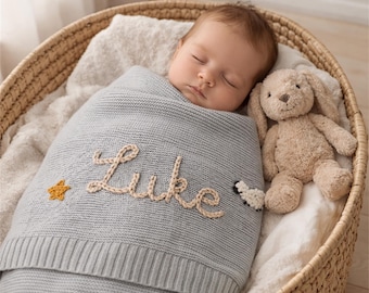 Hand-Embroidered Knit Baby Blanket,Baby Blanket With Name, Personalized Baby Name Blanket, Baby Shower Gift,Housewarming Gifts,Gift For Baby